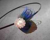 Pretty Peacock Small - Flower Girl Peacock feather facinator with white pearl rhinestone jewel