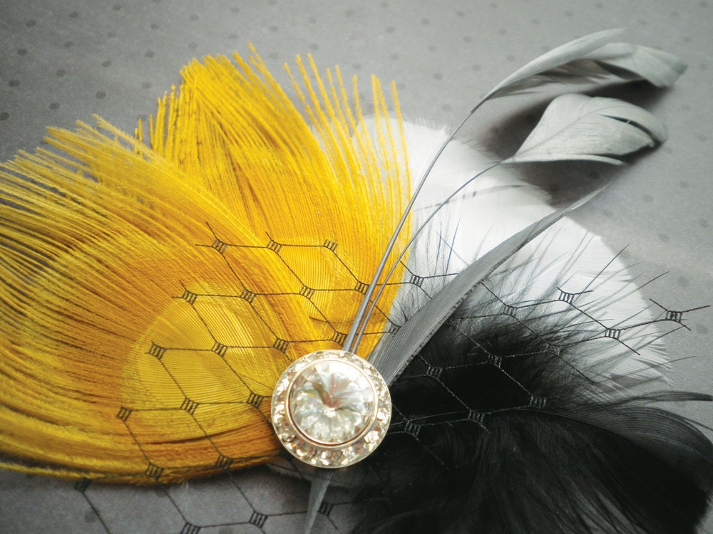 Peacock Feather Hair Clip, Bridal Fascinator Head Piece, Wedding Hair Accessories, yellow, black, gray, grey, Peacockpixys - BEEHIVE