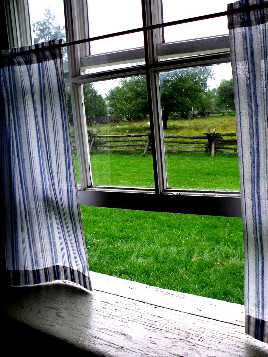 Window Through Time -rustic landscape, vintage pioneer farmhouse, blue linen curtins, rustic home, farmhouse chic - 8X12 photo - finchfieldart