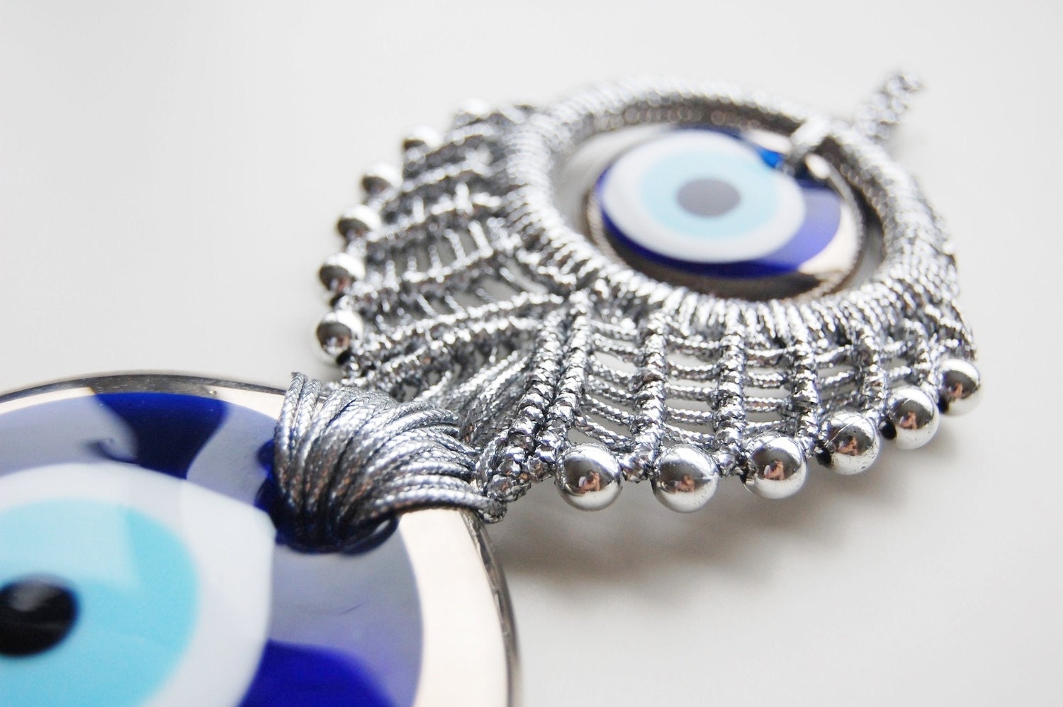 Silver Gray Macrame Wall Hanging Amulet Wall Decor Handmade Evil Eye Bead