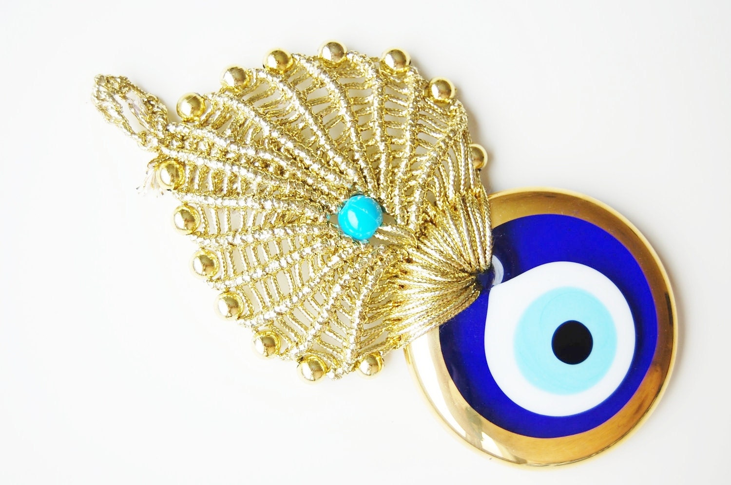 Golden Macrame Wall Hanging Amulet Wall Decor Handmade Evil Eye Bead