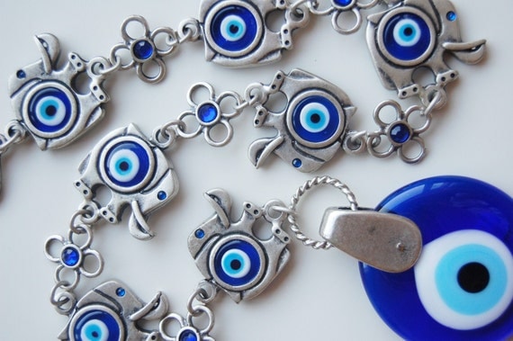 7 Elephant with Evil Eye Beads Amulet Handmade Turkish Silver Plated Wall Hanging