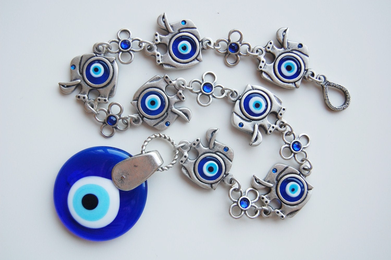 7 Elephant with Evil Eye Beads Amulet Handmade Turkish Silver Plated Wall Hanging