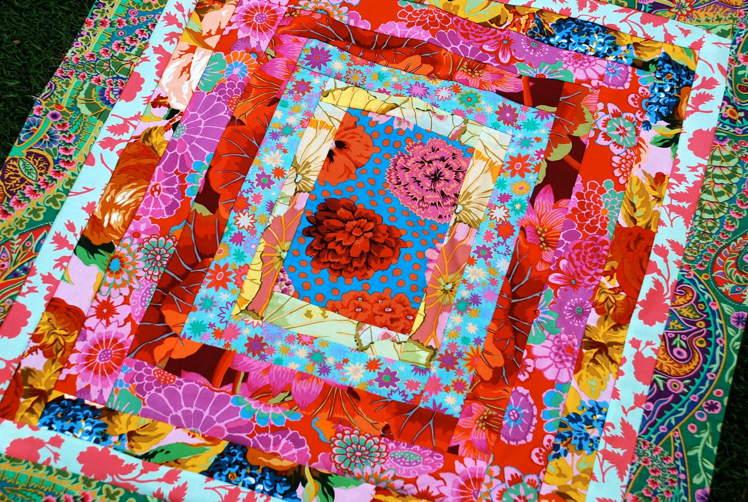 STUNNING blues, reds, pink -Kaffe Fassett. COUTURE Baby Blanket, Amazing craftsmanship and details, Minky fleece on back 30x34 QUILTED.