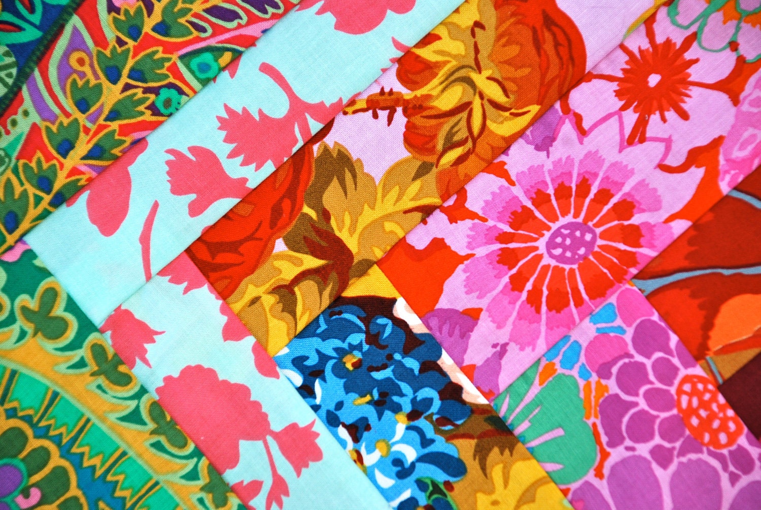 STUNNING blues, reds, pink -Kaffe Fassett. COUTURE Baby Blanket, Amazing craftsmanship and details, Minky fleece on back 30x34 QUILTED.