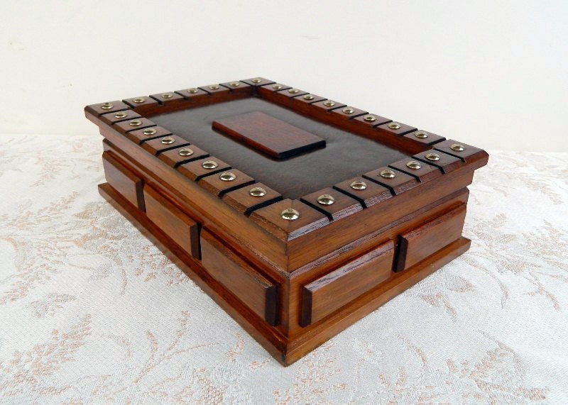 Vintage Rich Brown Wood & Leather Riveted Jewelry Box - Gold Interior - 1960 - Wonderfully Retro