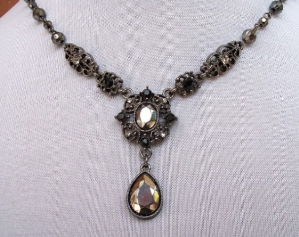 Vintage 1928 Midnight Tears Black Hematite Tone Necklace - Y - 20" Long - Nice - 1980