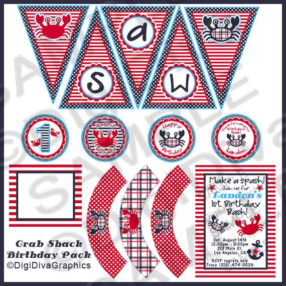 Nautical Crab Personalized Birthday Party Digital Pack Kit Customized You Print