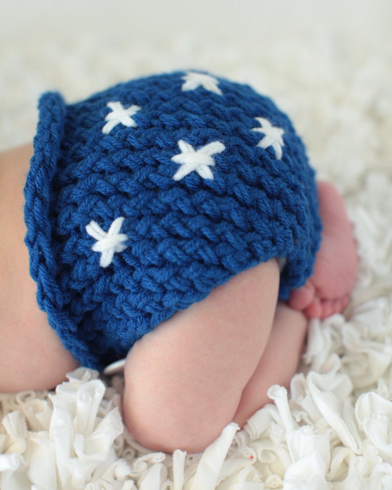 Knitted baby Fourth of July patriotic hat diaper cover set red white blue 3 to 6 months