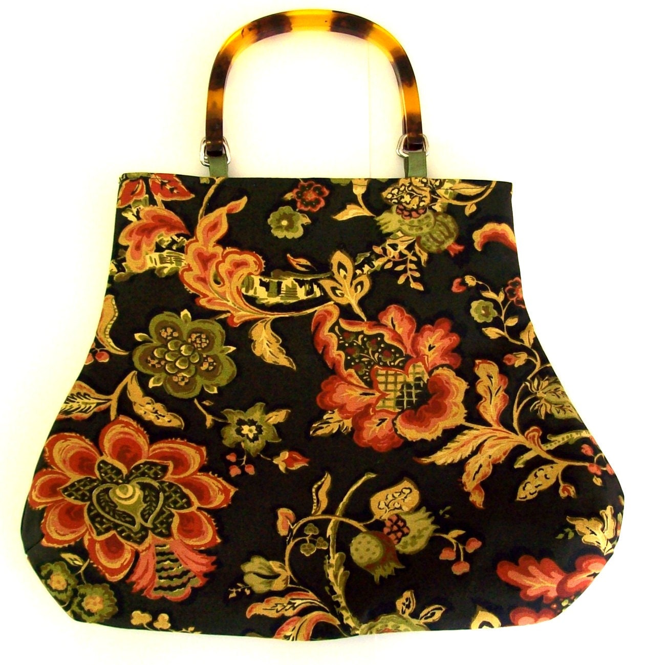 Coral and Olive Green Florals on Black Fat Bottom Bag Purse
