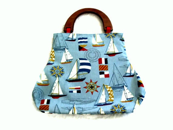 Nautical Beach Sailboat Summer Fabric Handbag Purse Blue White Red