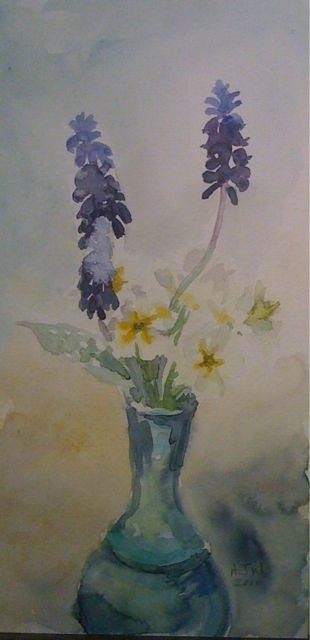 Muscari and Primula 28cm x 14cm 11" x 5.5"
