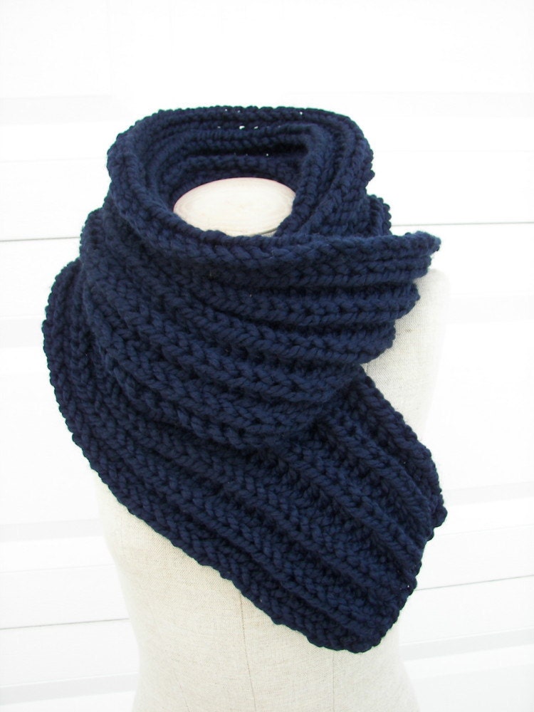 SALE Chunky HAND Knit Wool LONG Scarf Rib pattern, Navy color Machine washable