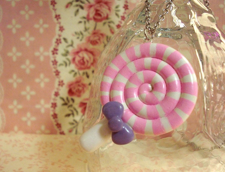 Pink and White Striped Lollipop with Bow Necklace