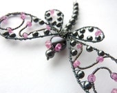 Black Pearl Dragonfly - Pink Sapphire Oxidized Sterling  Brooch, Hair Pin or Bouquet Decoration - Dragonfly Jewelry -Tagt