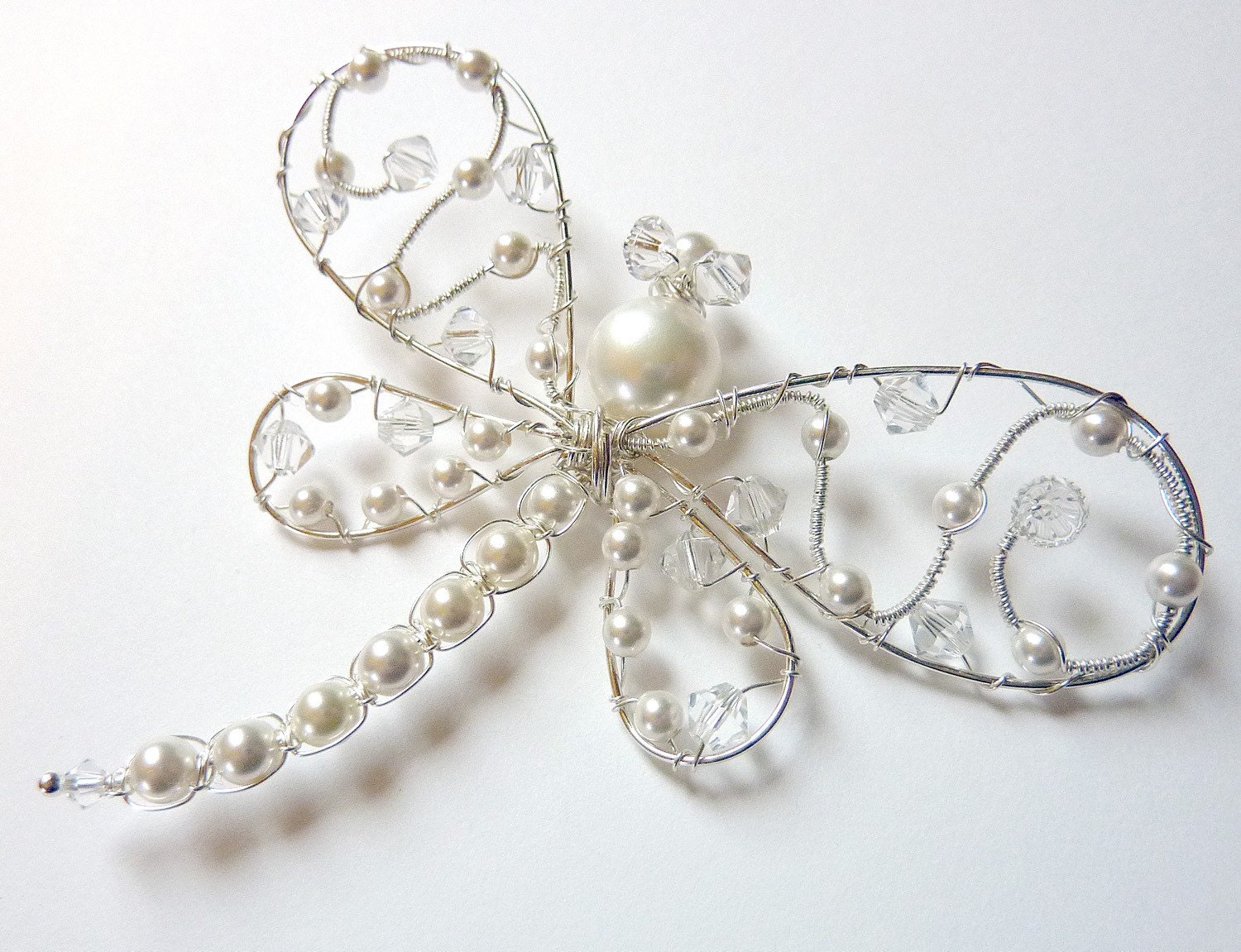 White Wedding Pearl Dragonfly Brooch - Dragonfly Jewelry -Tagt