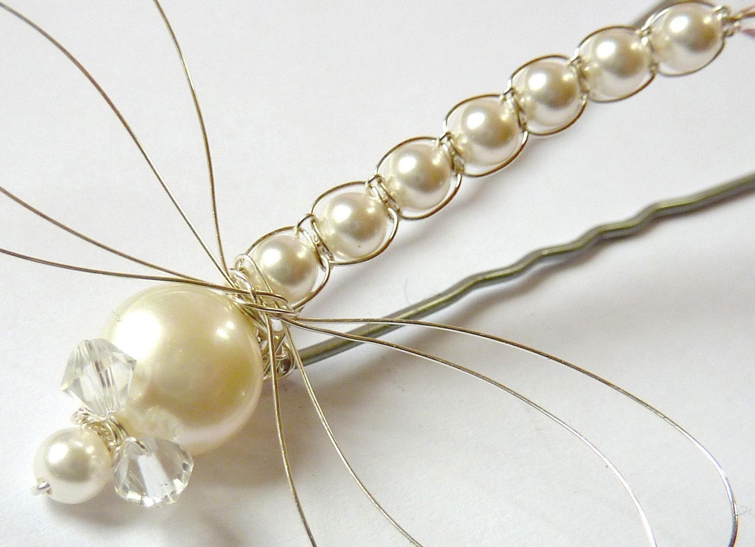 White Swarovski Pearl Dragonfly Hair Pin, Brooch or Bouquet decoration - Tagt
