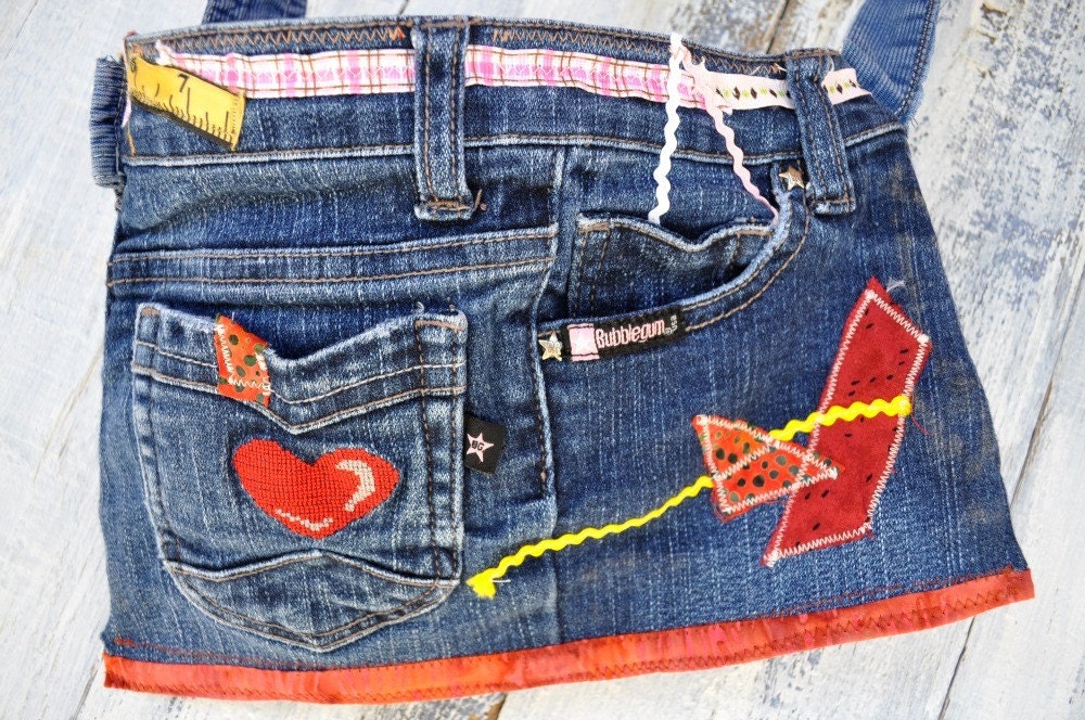 Denim Hip Purse recycled denim bag patched with Hearts, pink, blue, red hearts, Teen Birthday Gift