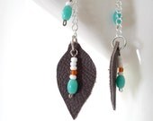 tribal dangle earrings - turquoise, white, orange glass beads on leaf shape leather - sterling silver wires, silver plated chain - woodland
