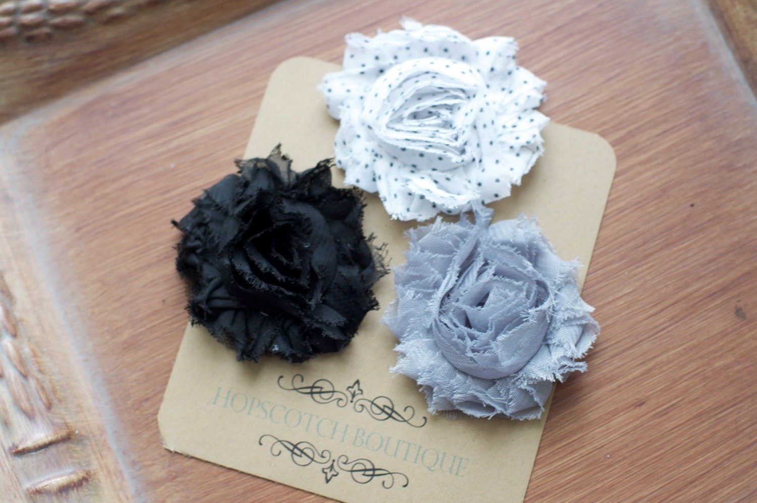 Grace Clips Trio - Shabby Flower Hair clips in Black, Grey and polkadots