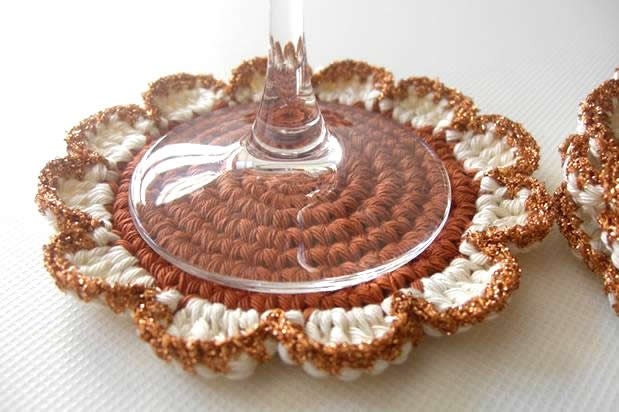 Terracotta Cream Bronze Flowers Crochet Coasters . Cinnamon Champagne Decor Crochet Daisy Collection - Set of 4
