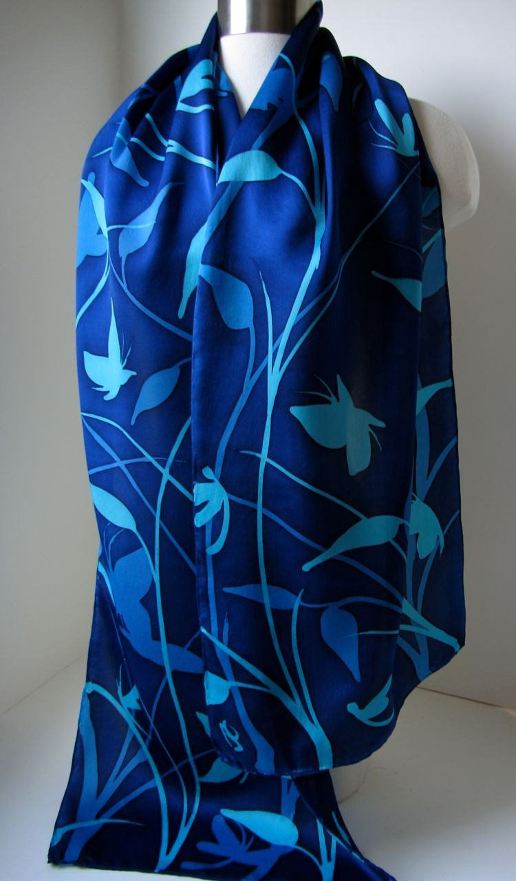 Silk Scarf, Hand Painted - Butterfly Meadows in Cobalt, Sapphire Blue - READY TO SHIP