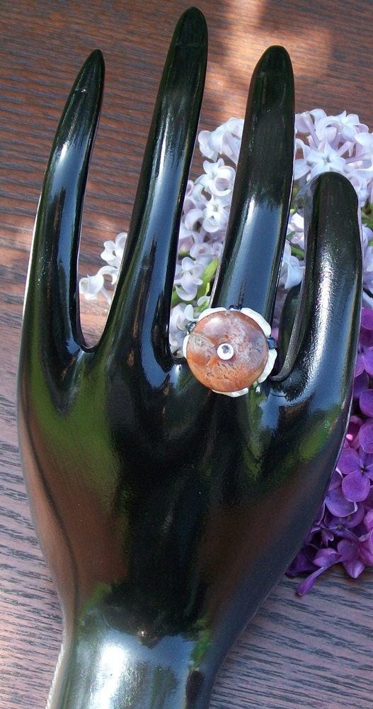 Akasha Petrified Wood and Pearl Ring