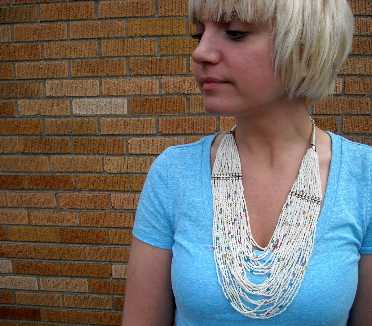 Statement Necklaces Vintage Southwest Beaded 1970s Bib Style White and Desert Summer Fashion