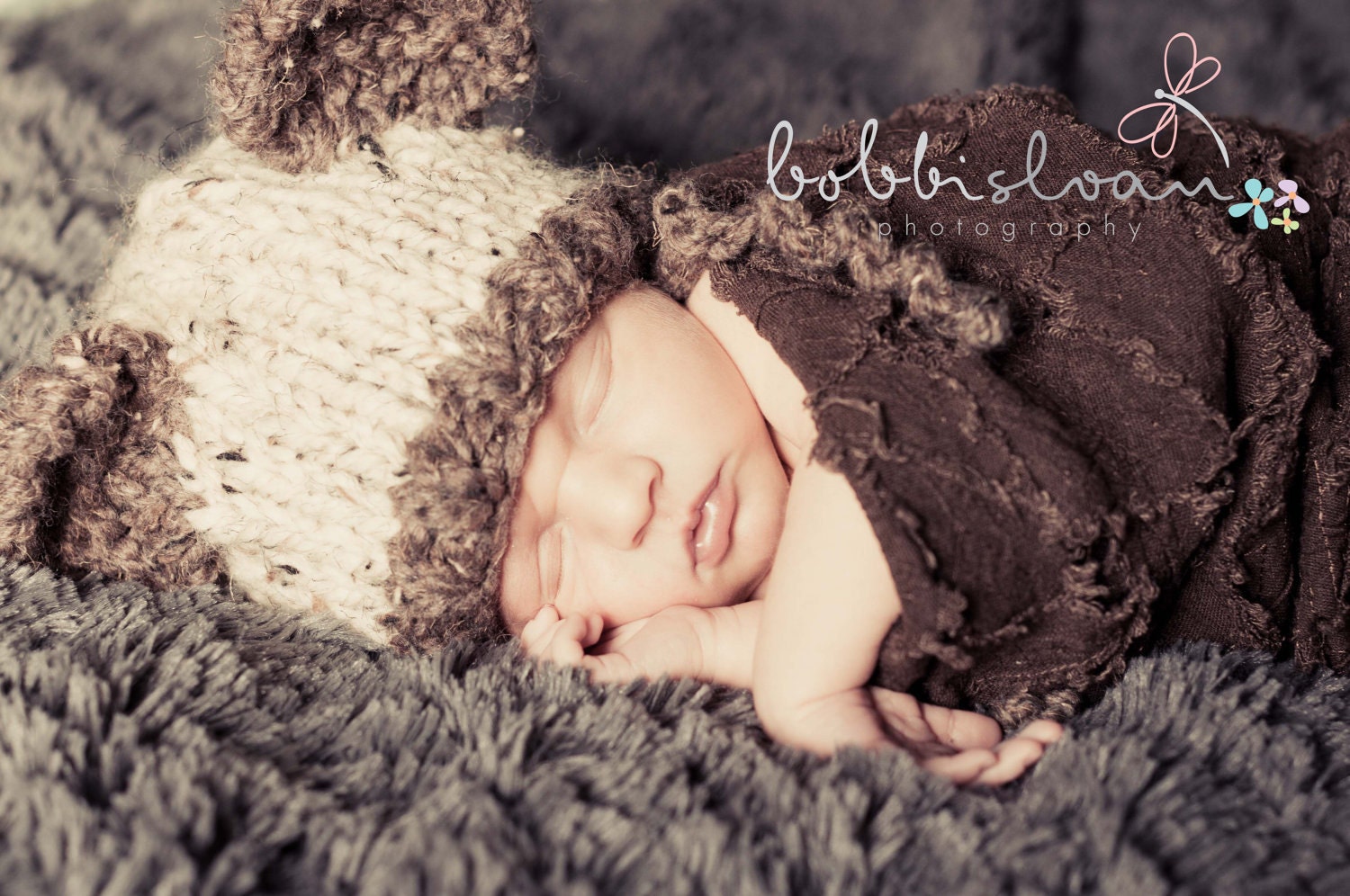 Handknit Newborn Boo Boo Bear Beanie Hat in a Color called Oatmeal with Barley Brim, Cute Baby Gift or Photo Prop