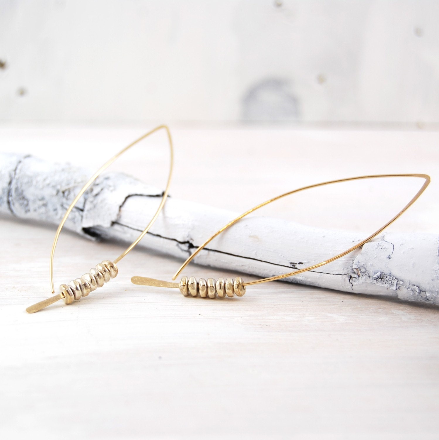 Large Gold Crescent Earrings With Pewter Beads
