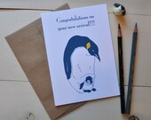 Congratulations on Your New Arrival Baby card- Yellow and Navy Penguins