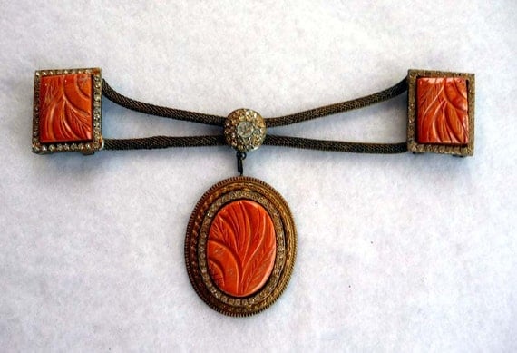 Orange Bakelite and Rhinestone Mesh Art Deco Cloak Clasp