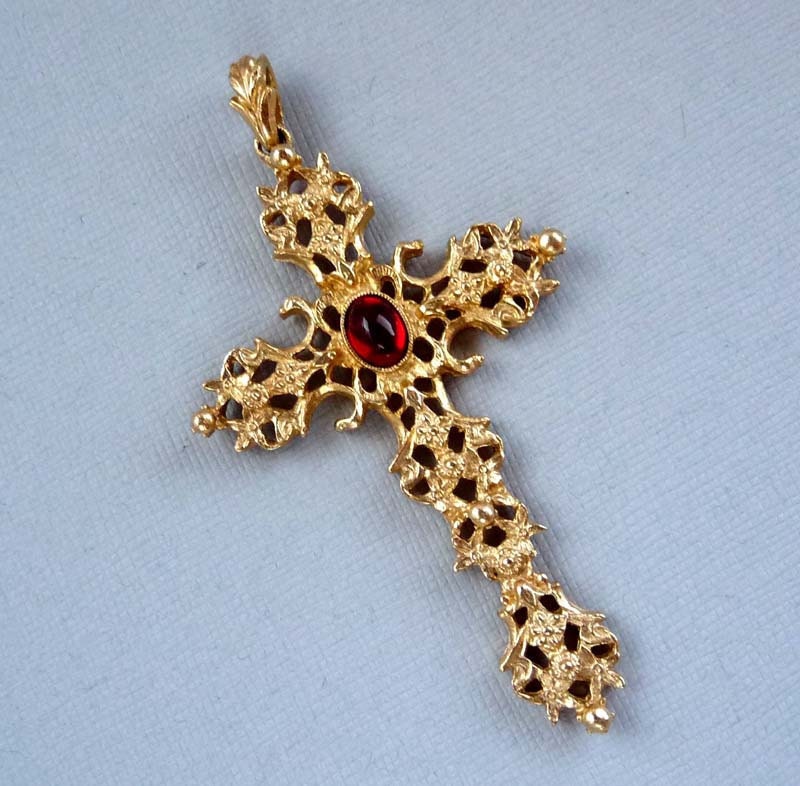 HUGE Avon Cross Repousse Style Pendant with Ruby Red Cabochon