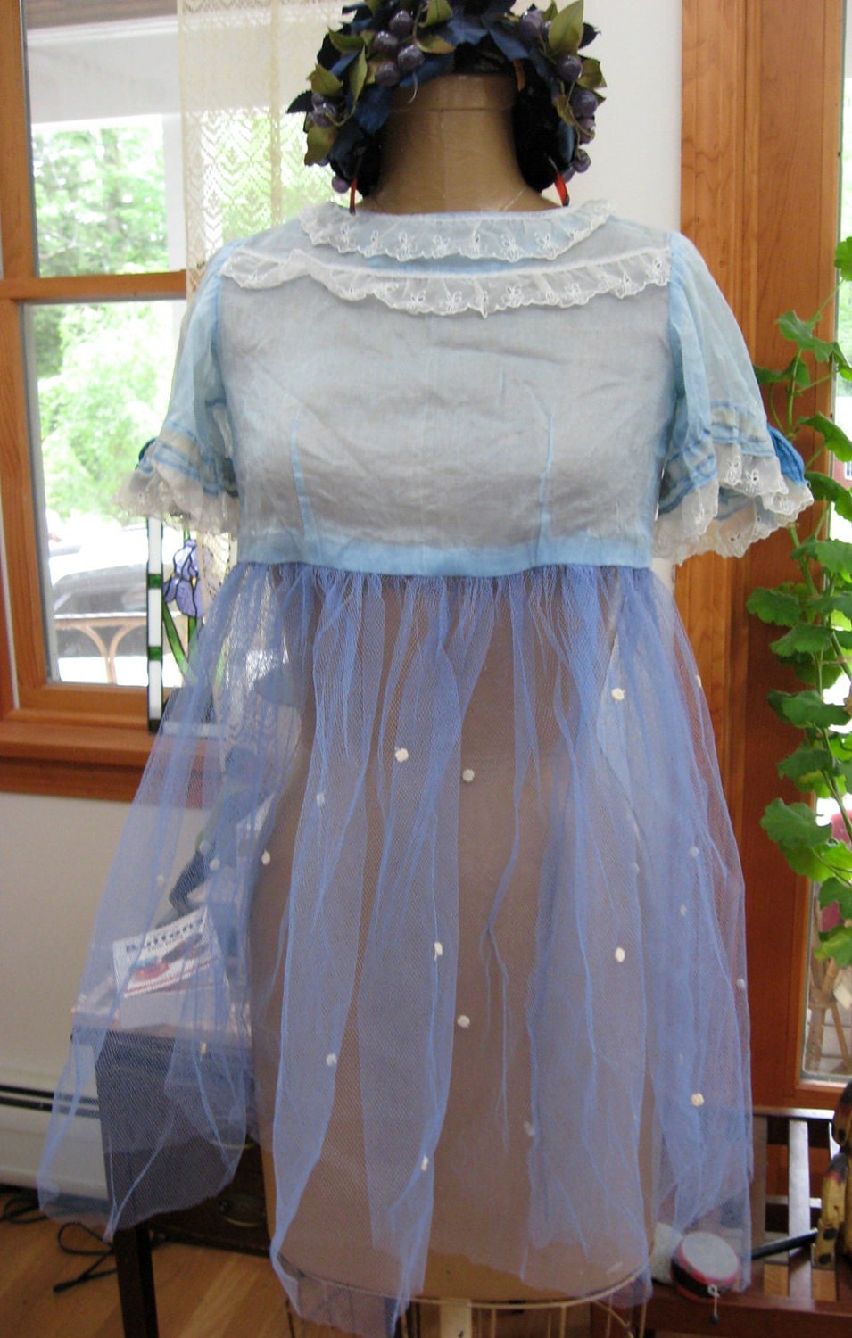 Fairy Dress Pale Blue Netted Skirt Lacey Trim Whimsical Dress Vintage 60s Baby Doll Dress