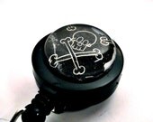Funky Black Skull Badge Reel  ID Holder--1 inch Glass Tile