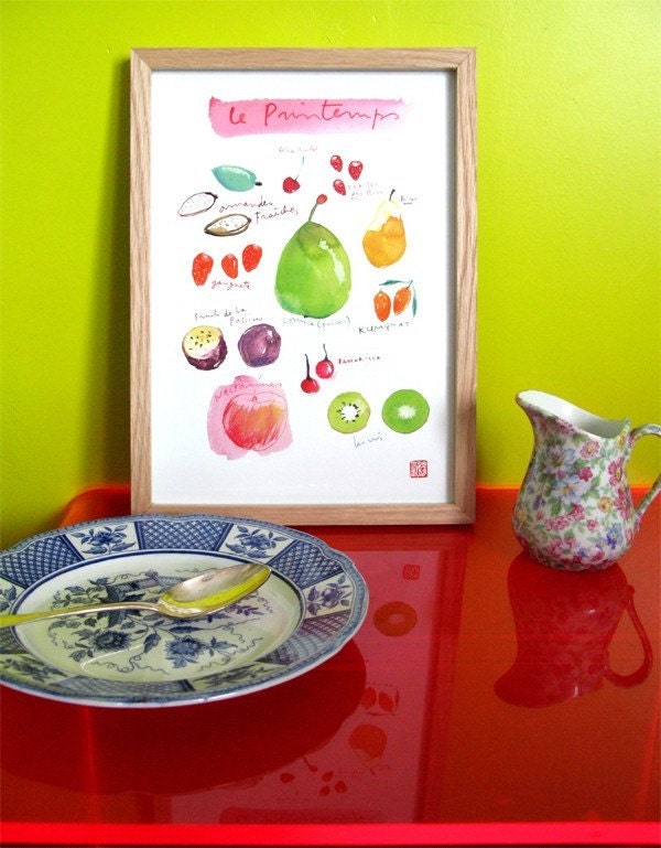 Kitchen art, Spring fruits, 8X10 print, Watercolor painting, Seasonal fruit poster, Food illustration, Botanical home decor