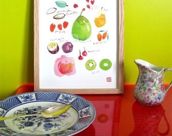 Kitchen art, Spring fruits, 8X10 print, Watercolor painting, Seasonal fruit poster, Food illustration, Botanical home decor
