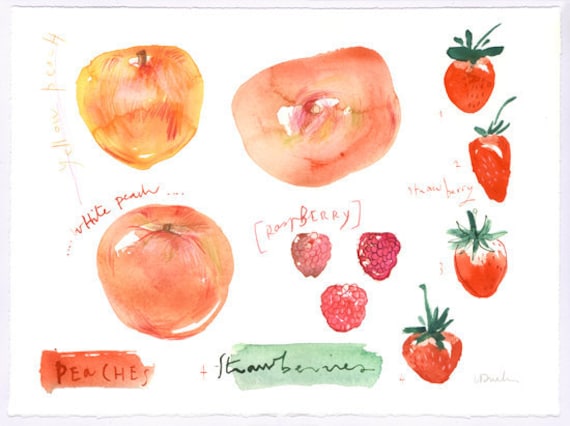 Summer fruits Peach and strawberry - Original watercolor painting - Seasonal fruits kitchen collection - Food art