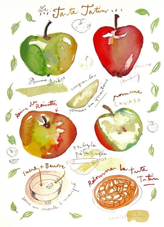 Apple pie recipe Kitchen art print French cake 8X10 Watercolor Fruit Food illustration Bakery poster Home decor