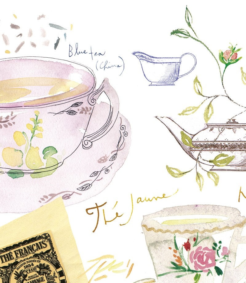 Tea time in Paris, 8X10 print, Kitchen art, Watercolor, tea poster, Blue, Romantic, french art