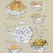 Green tea with french chouquettes cakes - Original watercolor painting - The tea and teapots collection