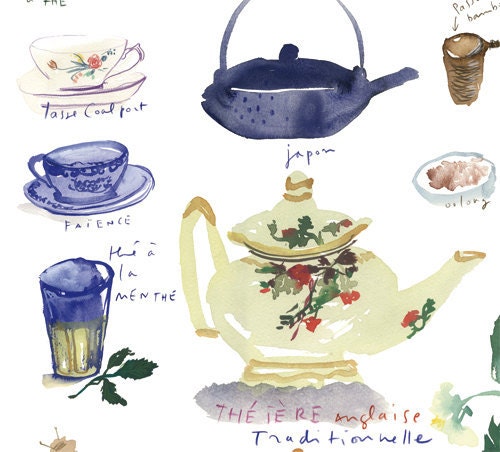Tea poster illustration, large print, Kitchen wall art,Teapot watercolor painting, Blue decor