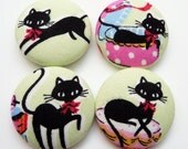 4 kawaii Japanese cats kittens green handmade fabric covered buttons 1 1/8 inches