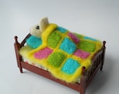 needle felted wool animal white mouse miniature doll bed soft sculpture felted ornament called sleepy head.