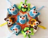 8 Mini Felt owls plush toys in Eco friendly felt Green, Blue, brown and yellow