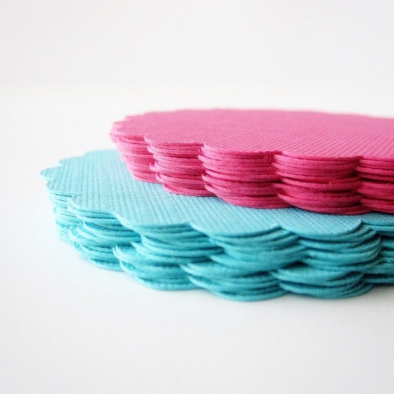 32 Scalloped Circles (2.5 inches) in Teal and Hot Pink paper Textured Cardstock MariaPalito A138 Il_570xn