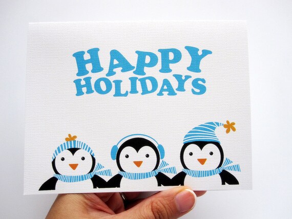 Holiday Card set, set of 6 Penguin Christmas Happy Holidays Cards A339 Il_570xn