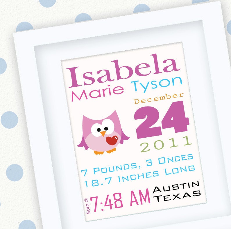 Owl Birth Announcement, cute owl nursery decor A289