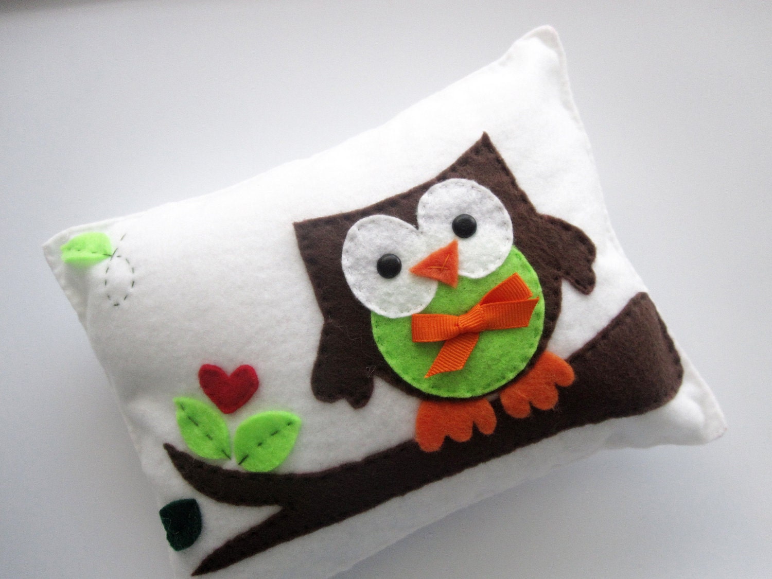 Eco friendly Owl Pillow, brown and lime green forest owl A152