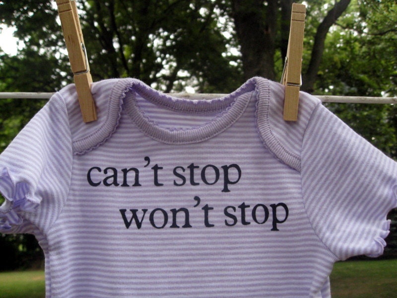 can't stop won't stop --- purple striped onesie, size 6 to 9 months